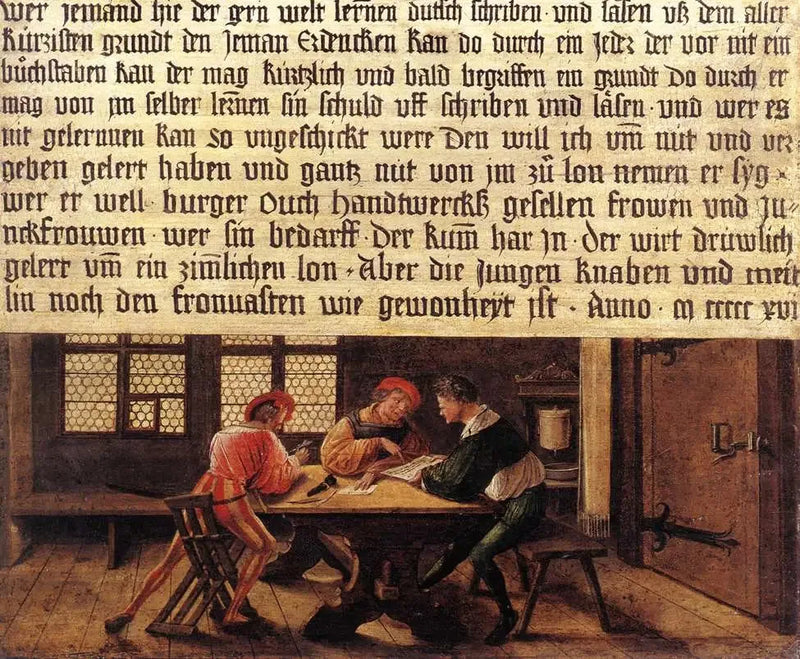 Bir okul öğretmeninin tabelası (yetişkinlerle ilgili taraf) - Hans Holbein genç