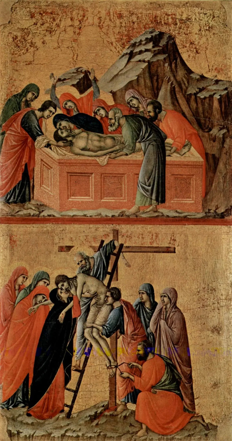 İsa'nın Defni (üstte); Haçtan İndirilme (altta) - Duccio di Buoninsegna
