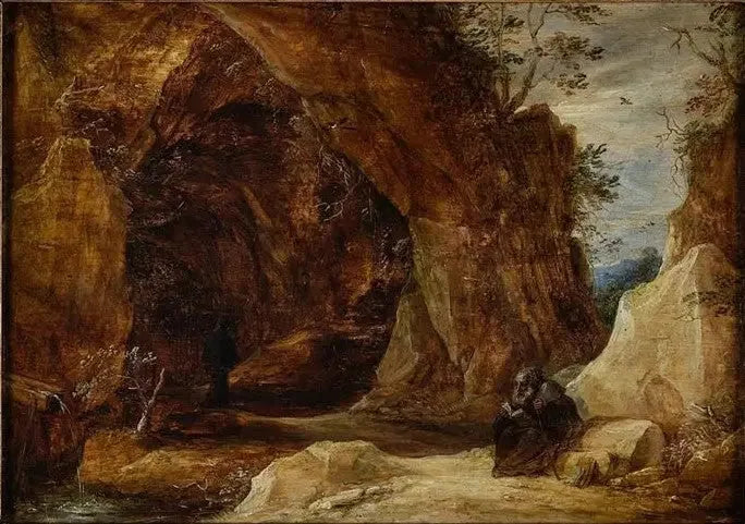 Kayalıkta oturan ermiş, mağara girişinde - David Teniers le Jeune