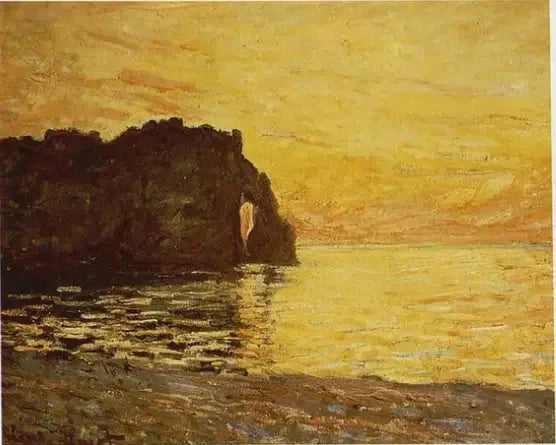Gün batımında W1015a - Claude Monet'te Étretat, uçurum ve Porte d'Aval