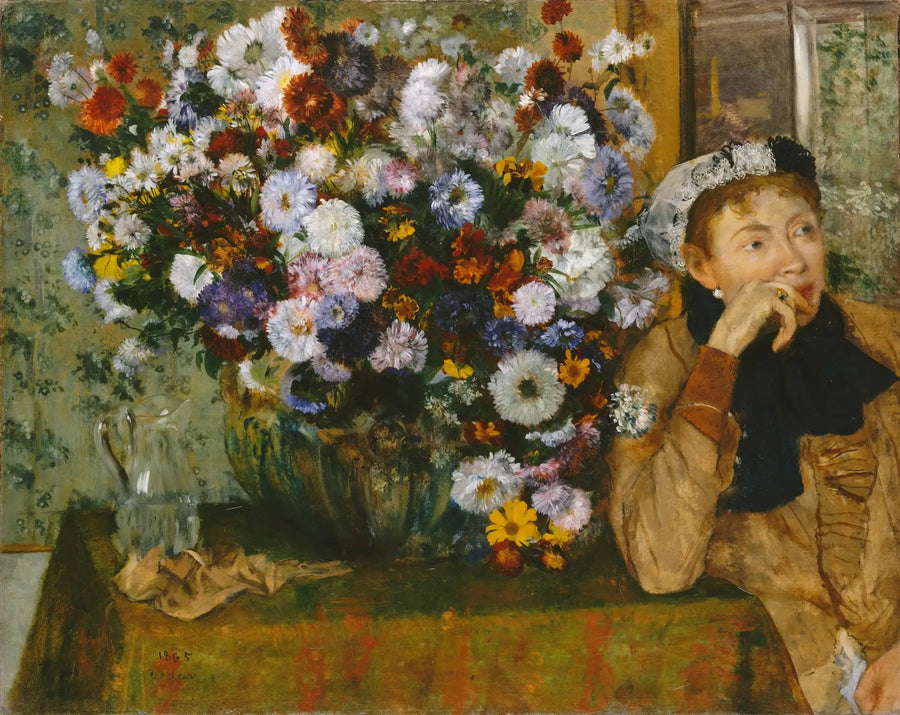 Çiçek vazosunun yanında oturan kadın - Edgar Degas