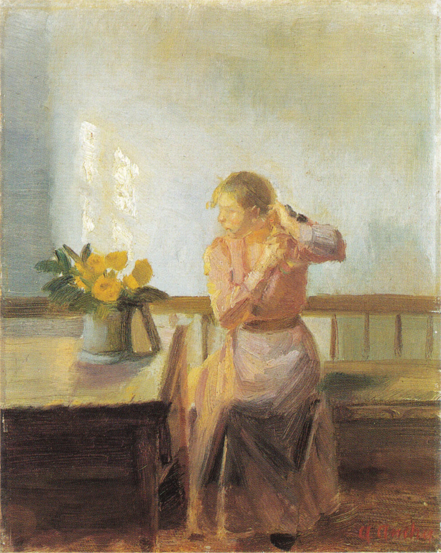 Oturan kadın, saçlarını örüyor - Anna Ancher