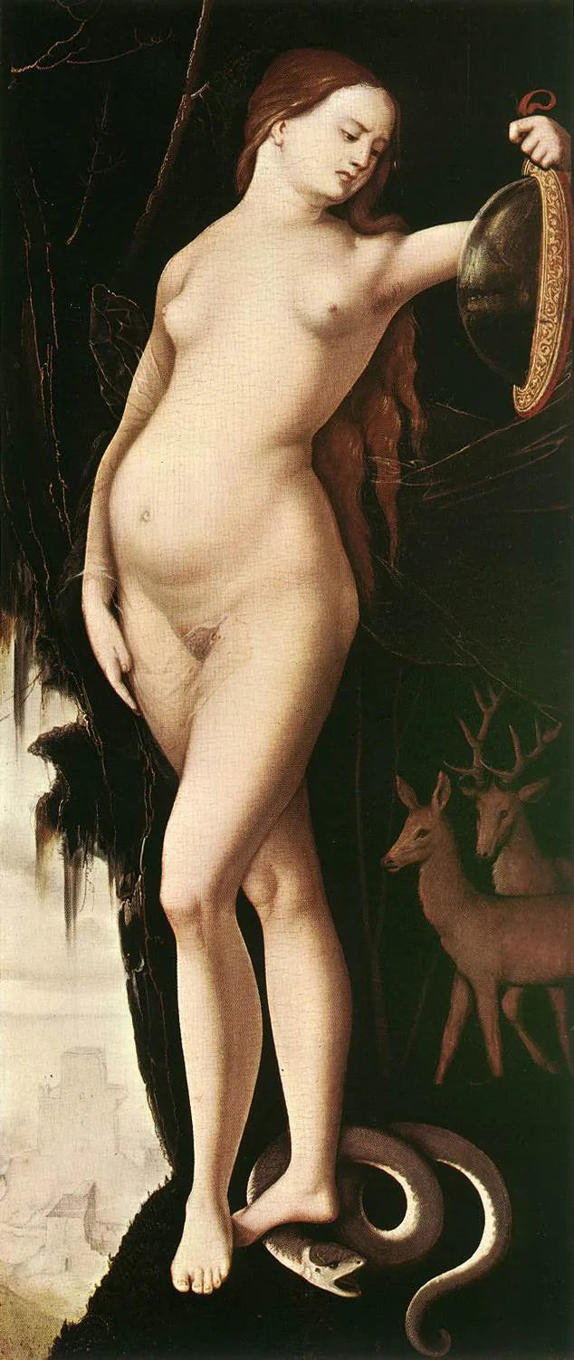 Kadın ve ayna, yılan, geyik ve köpek - Hans Baldung Grien
