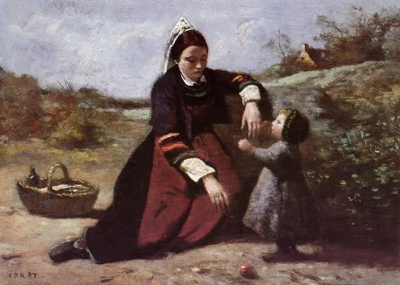 Breton kadın ve küçük kızı - Jean-Baptiste Camille Corot