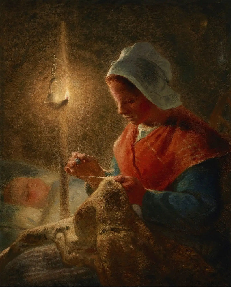 Kadın lambanın ışığında dikiş yapıyor - Jean-François Millet