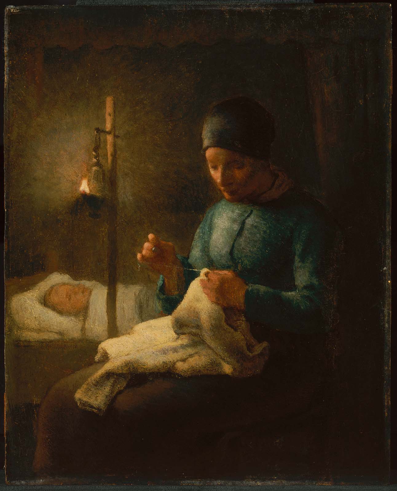 Femme cousant à côté de son enfant endormi - Jean-François Millet