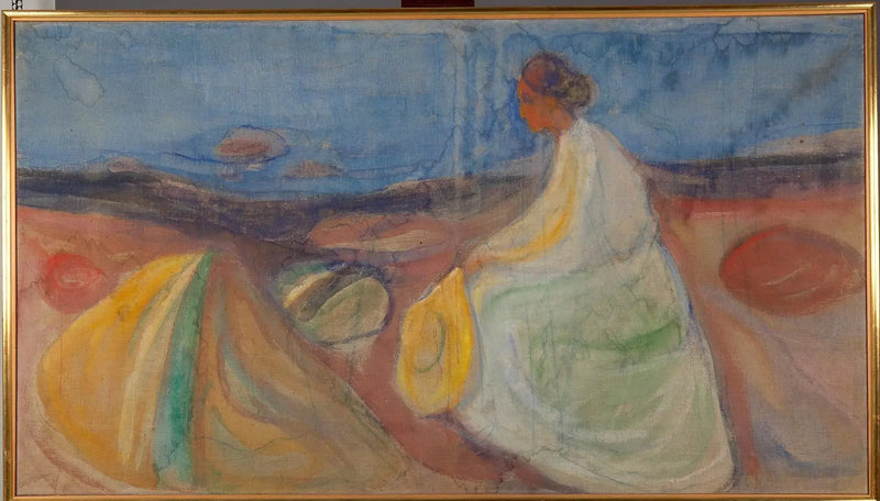 Beyaz giysili kadın, plajda oturuyor - Edvard Munch