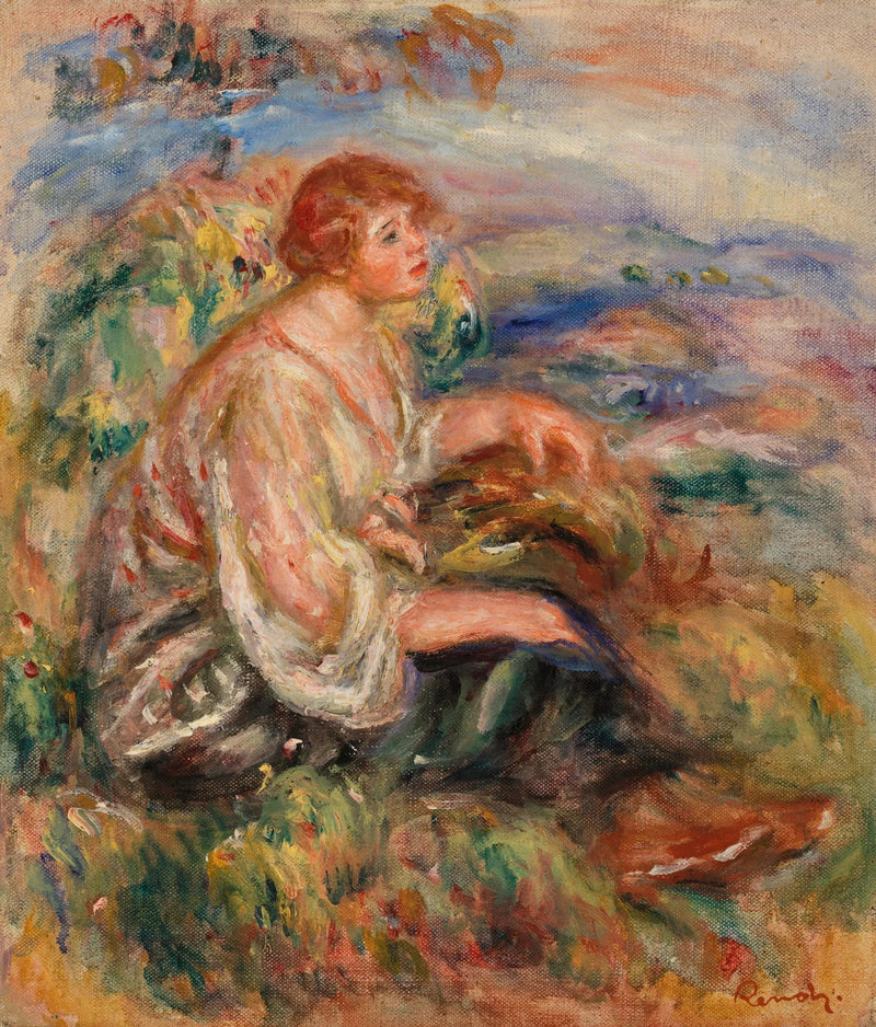 Tül bluz ve siyah etek giymiş kadın bir manzarada - Pierre-Auguste Renoir