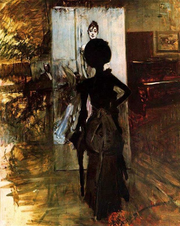 Femme en noir observant le « Pastel blanc » - Giovanni Boldini