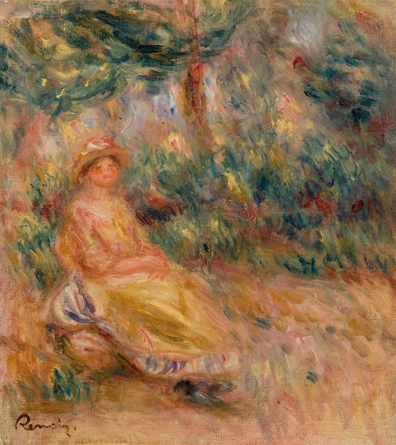 Pembe ve sarı elbiseli kadın bir manzarada - Pierre-Auguste Renoir