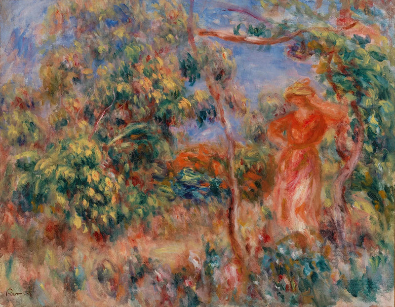 Kırmızı Elbiseli Kadın Bir Manzara İçinde - Pierre-Auguste Renoir
