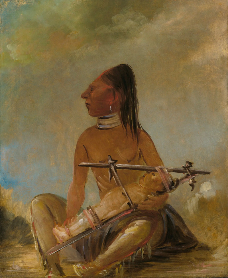 Kadın ve çocuk, çocukların başlarının nasıl yassılaştığını gösteriyor - George Catlin