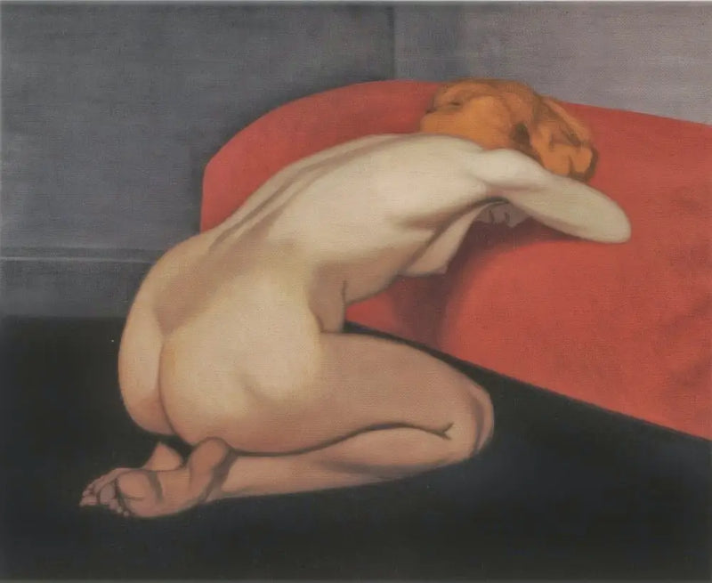 Kırmızı kanepe önünde diz çökmüş çıplak kadın - Félix Vallotton