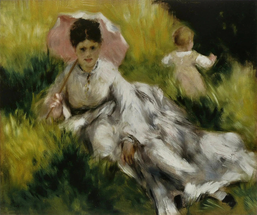 Güneşli bir tepede şemsiye tutan bir kadın ve küçük bir çocuk - Pierre-Auguste Renoir