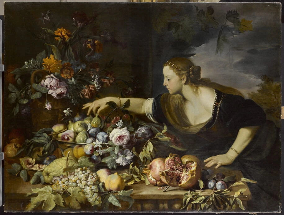 Femme prenant un fruit dans une coupe de fleurs et de fruits - Abraham Brueghel