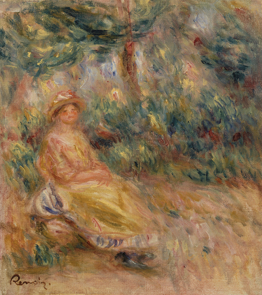 Pembe ve sarı elbiseli kadın bir manzarada - Pierre-Auguste Renoir