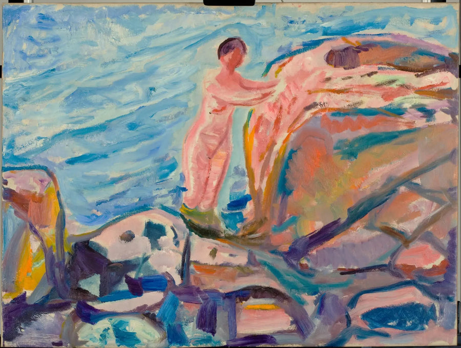 Kırmızı bir kayalığın yanında banyo yapan kadın - Edvard Munch