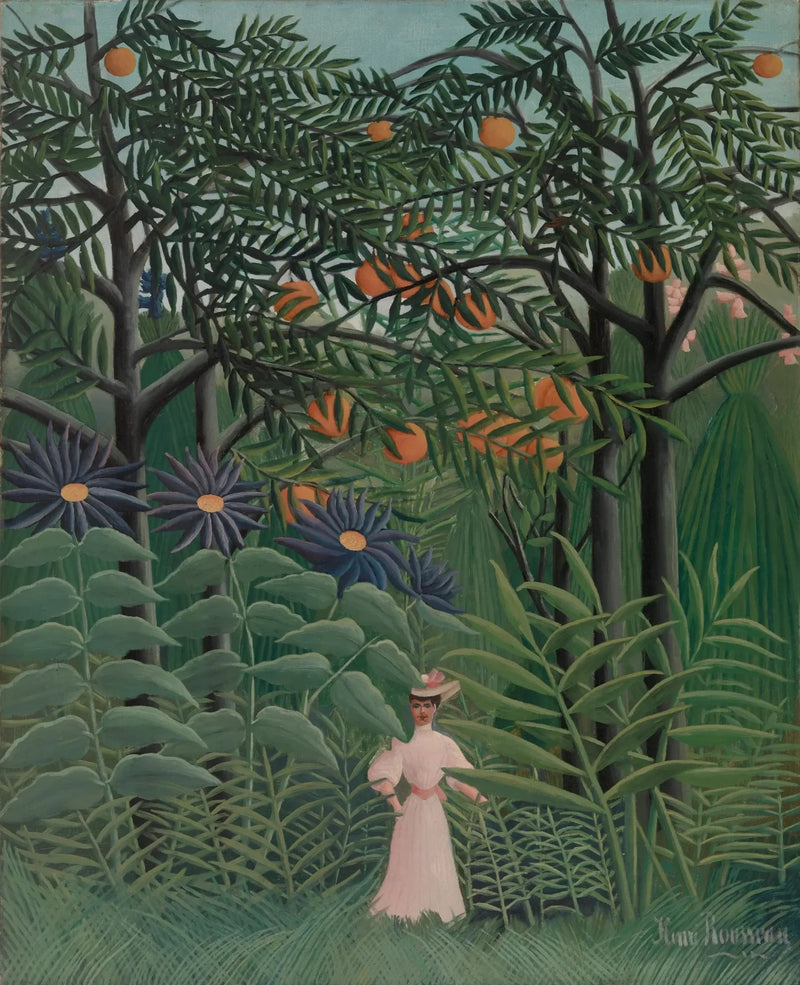 İnsan kadın egzotik bir ormanda yürüyüş yaparken - Henri Rousseau