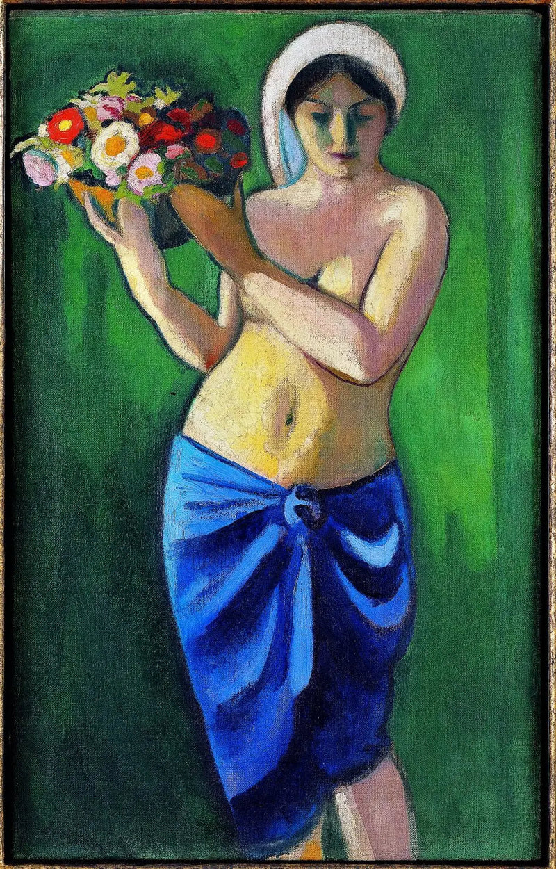 Çiçek dolu bir kaseyi tutan kadın - August Macke