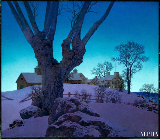 Reproduction du tableau « Ferme Hill Top, hiver - Maxfield Parrish » par Alpha Reproduction en peinture à l’huile