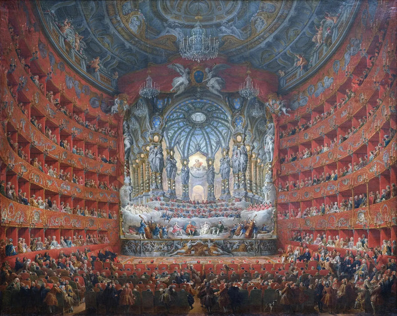 1747 yılında Roma'daki Argentine Tiyatrosu'nda La Rochefoucauld kardinali tarafından düzenlenen müzik festivali, Louis XV'in oğlu Dauphin'in evliliği vesilesiyle - Giovanni Paolo Panini