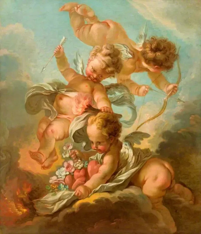 Ateş: Bir yay ve ok tutan üç putto, yanan bir meşale ve kalpler ile çiçekler içeren bir pelerin - François Boucher