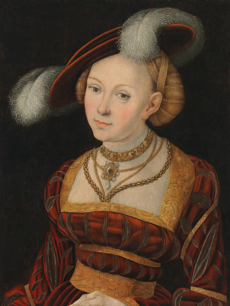 Yarım vücut kadın figürü, tüy şapka ile - Lucas Cranach the Elder