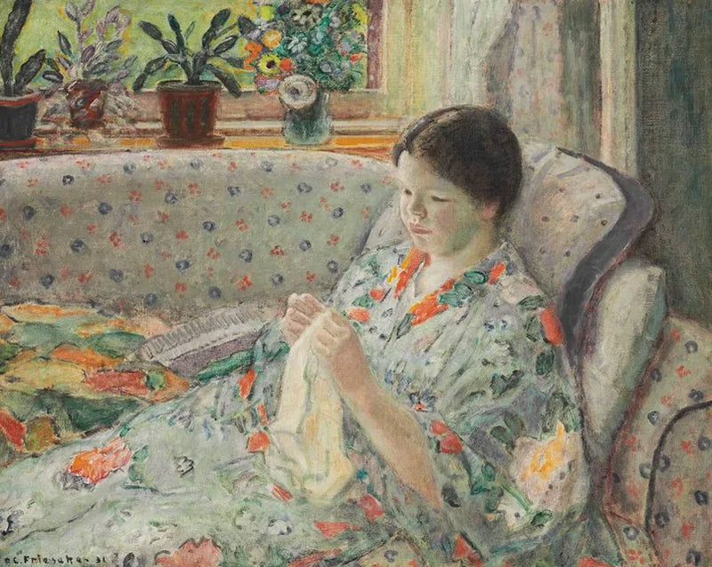 Kız dikiş yapıyor (Çin elbisesi) - Frederick Carl Frieseke
