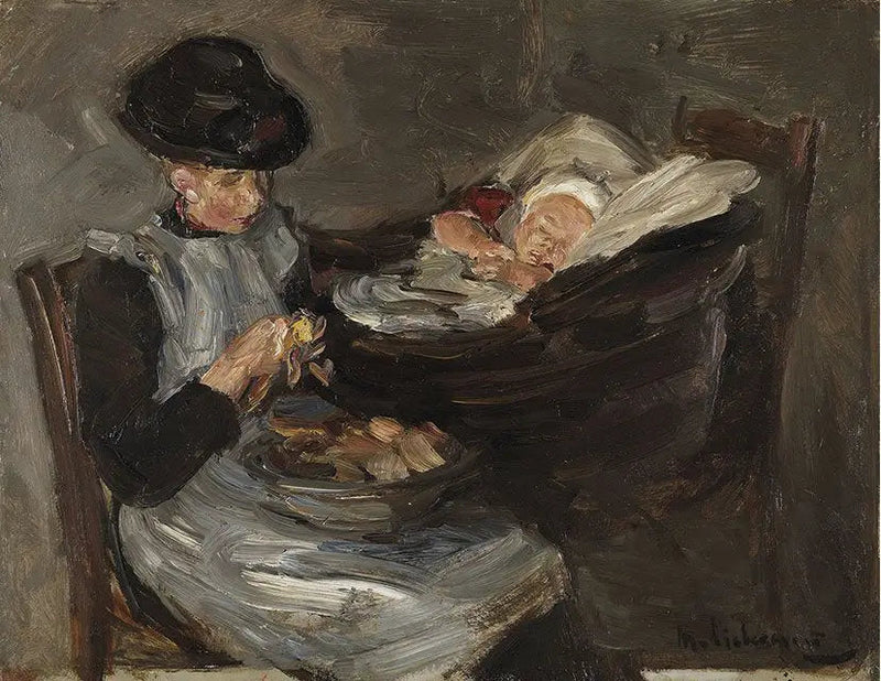 Laren'de patates soyan kız, bir sepetin içinde uyuyan çocuk - Max Liebermann