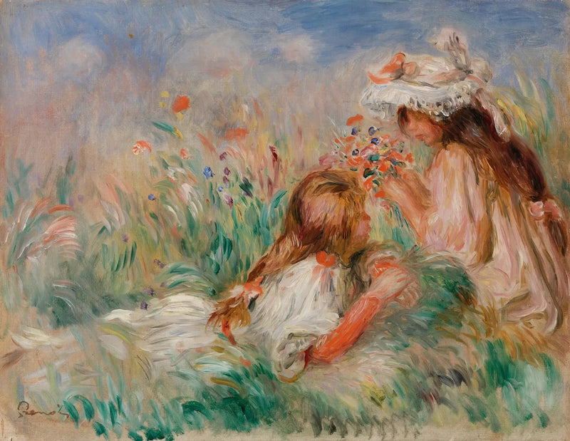 Çimenler üzerinde yatan kız ve bir çiçek buketi düzenleyen genç kız - Pierre-Auguste Renoir