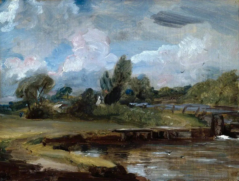 Flatford Lock, bir nehir kıyısında bir yol - John Constable
