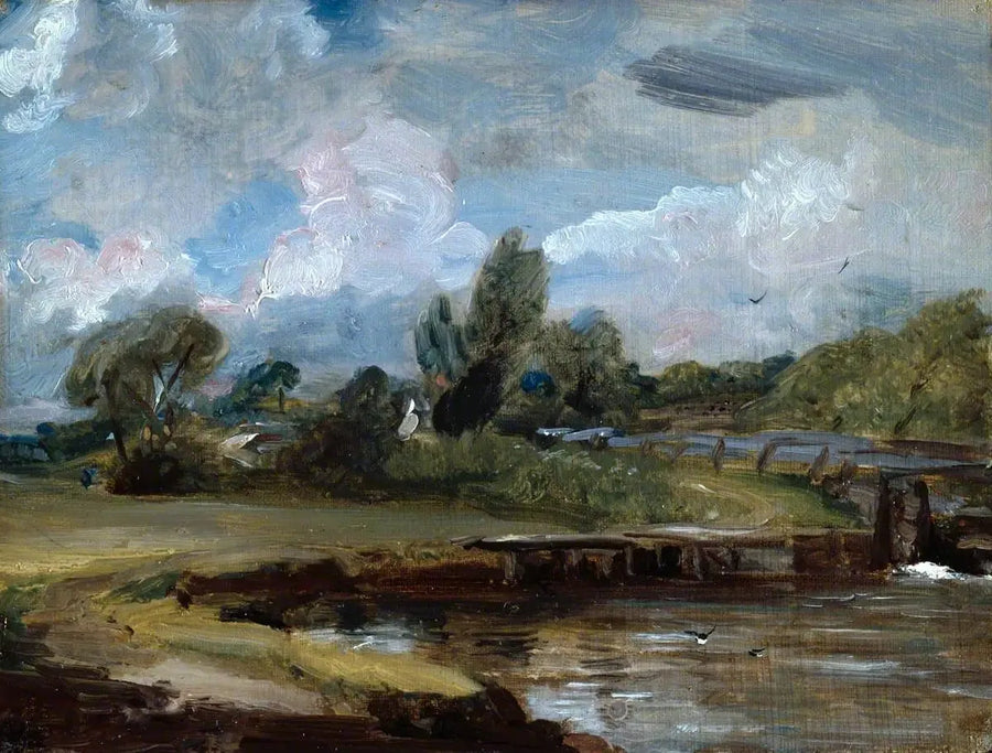 Flatford Lock, bir nehir kıyısında bir yol - John Constable