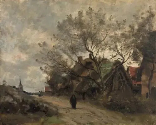 Flesselles. Bir yol kenarında ağaçlar arasından görülen kulübeler - Jean-Baptiste Camille Corot