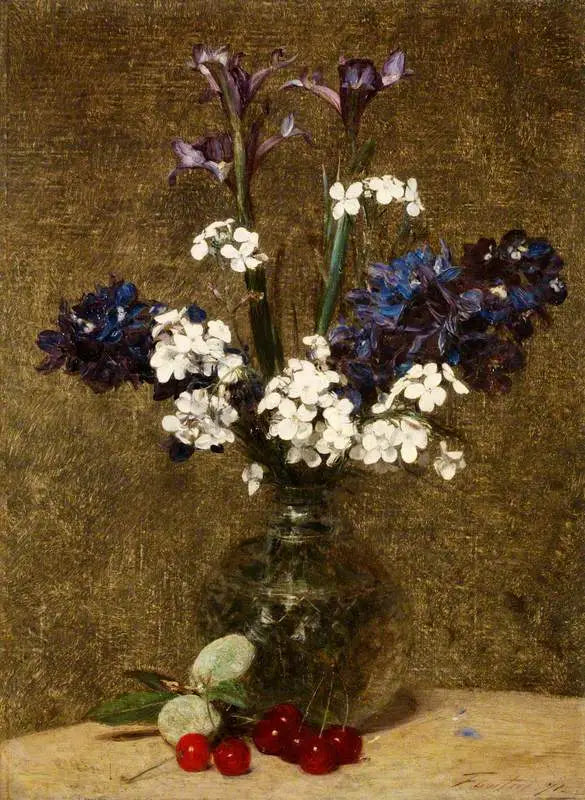 Çiçekler: Zambak ve Sümbüller, masanın üzerinde kirazlar ve bademler - Henri Fantin-Latour