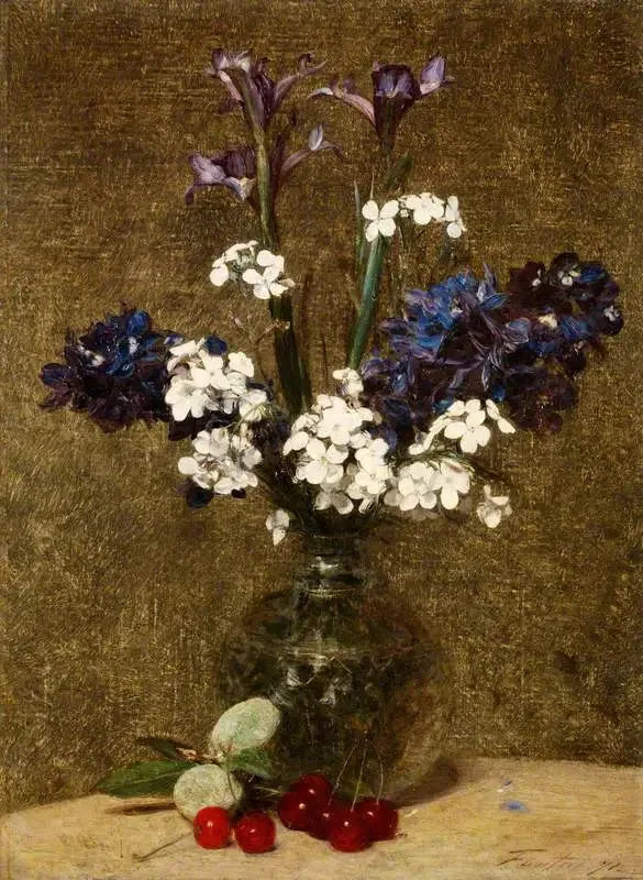 Çiçekler: Zambak ve Sümbüller, masanın üzerinde kirazlar ve bademler - Henri Fantin-Latour