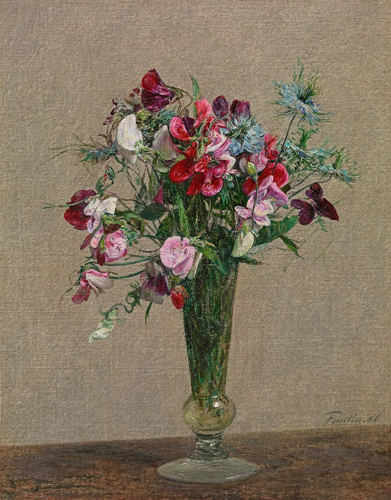 Çiçekler, kokulu bezelyeler ve nigeller küçük bir vazoda - Henri Fantin-Latour