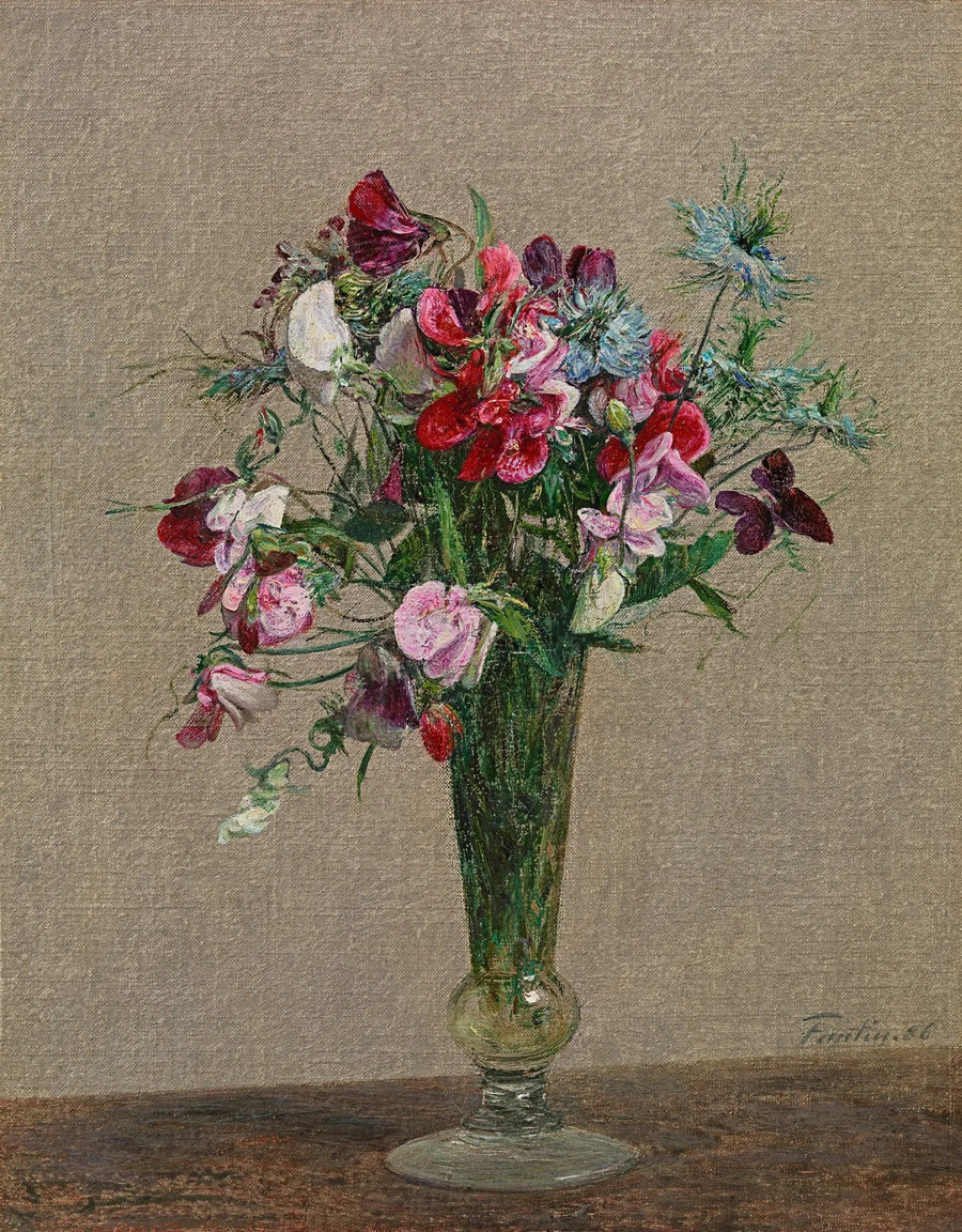 Çiçekler, kokulu bezelyeler ve nigeller küçük bir vazoda - Henri Fantin-Latour