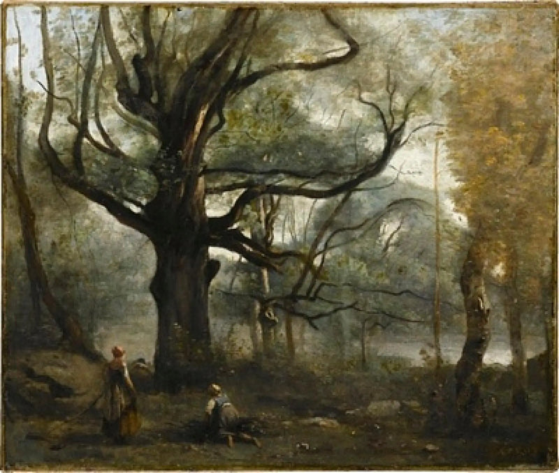 Fontainebleau. Büyük meşe ağacının dibinde odun kesen kadınlar - Jean-Baptiste Camille Corot