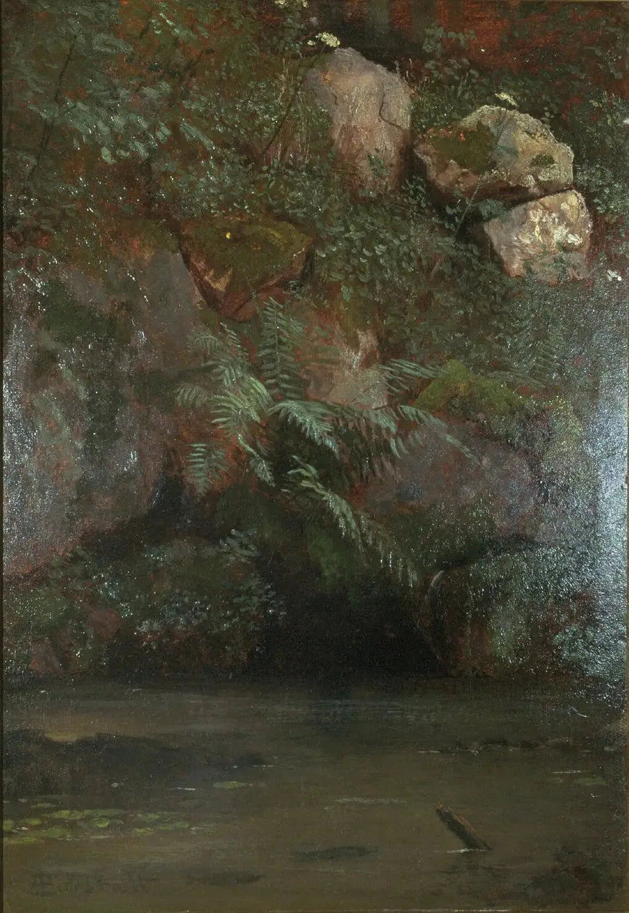 Fougères ve kayalar bir yamac üzerinde - Albert Bierstadt