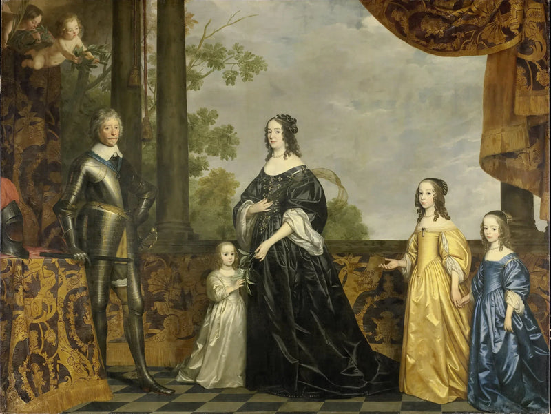 Frédéric-Henri (1584-1647), Oranje Prensi, eşi Amélie van Solms (1602-1675) ve en küçük üç kızı, Albertine Agnès (1634-1696), Henriette Catharine (1637-1708) ve Marie (1642-1688) - Gerrit van Honthorst