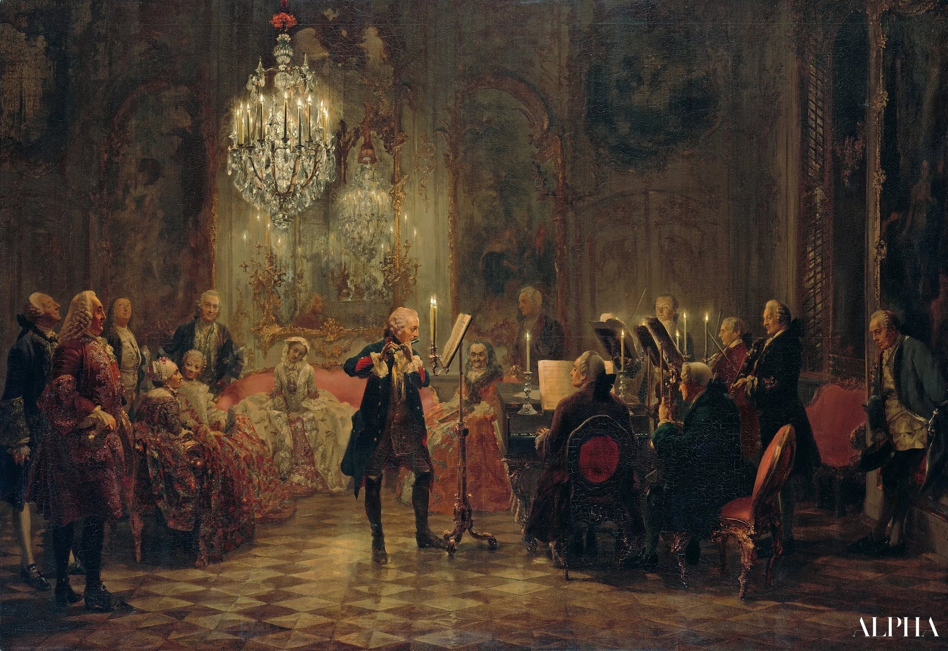 Reproduction du tableau « Frédéric II de Prusse jouant de la flûte au palais de Sanssouci - Adolph von Menzel » par Alpha Reproduction en peinture à l’huile