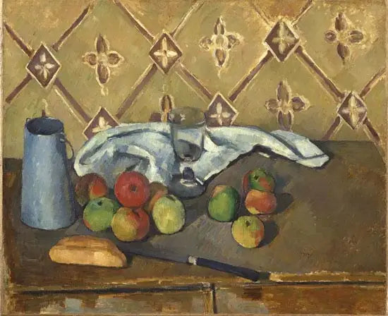 Meyveler, peçete ve süt kutusu - Paul Cézanne