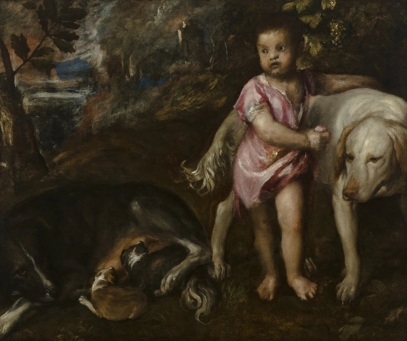 Çocuk ve köpeklerle bir manzara içinde - Titian