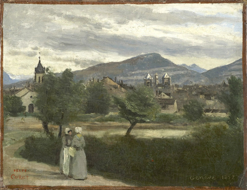 Cenevre. Kırsal alandan çekilmiş manzara, ufukta Petit Salève ile - Jean-Baptiste Camille Corot