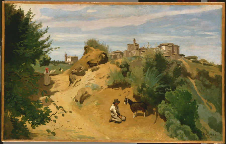 Genzano, köy görünümünde keçi çobanı - Jean-Baptiste Camille Corot