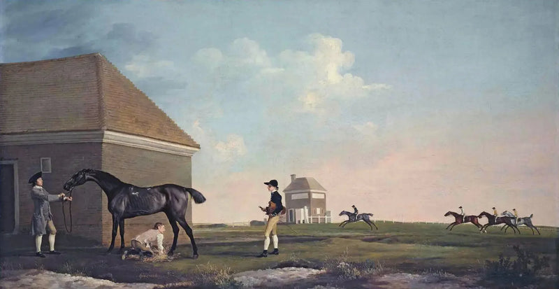 Newmarket Heath'te Gimcrack, bir antrenör, bir at bakıcısı ve bir jokey ile - George Stubbs