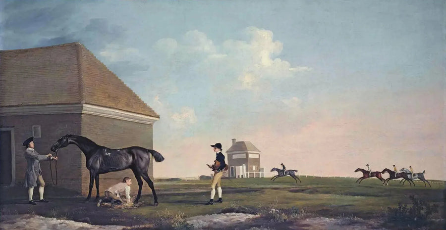 Newmarket Heath'te Gimcrack, bir antrenör, bir at bakıcısı ve bir jokey ile - George Stubbs
