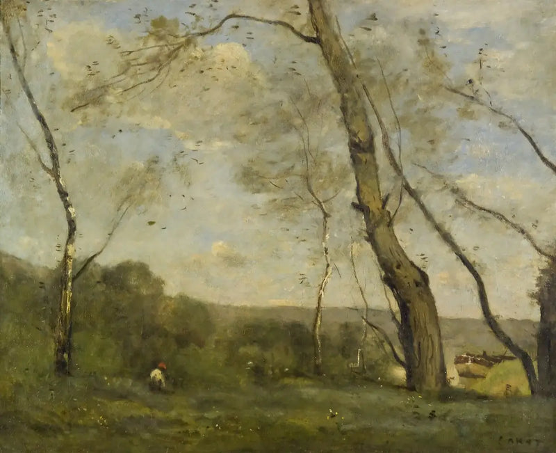 Nehir kıyısında baskın büyük ağaçlar - Jean-Baptiste Camille Corot
