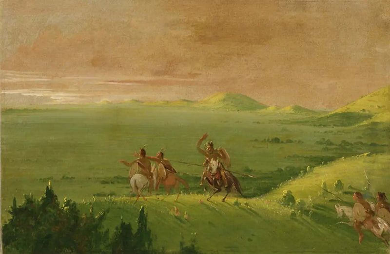 Komancı savaş grubu, şef düşmanı keşfeder ve güneş doğarken adamlarını teşvik eder - George Catlin