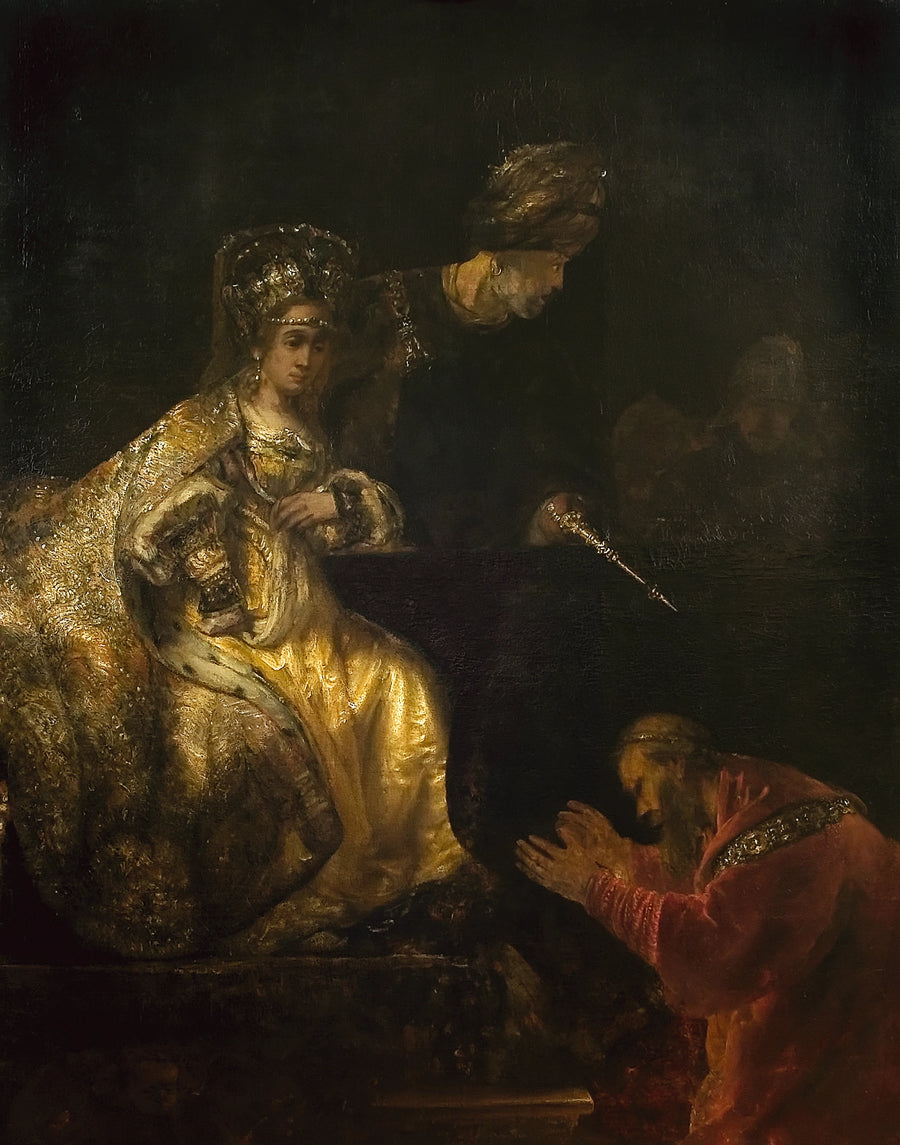 Haman, Esther'den hayatını kurtarmasını istiyor - Rembrandt
